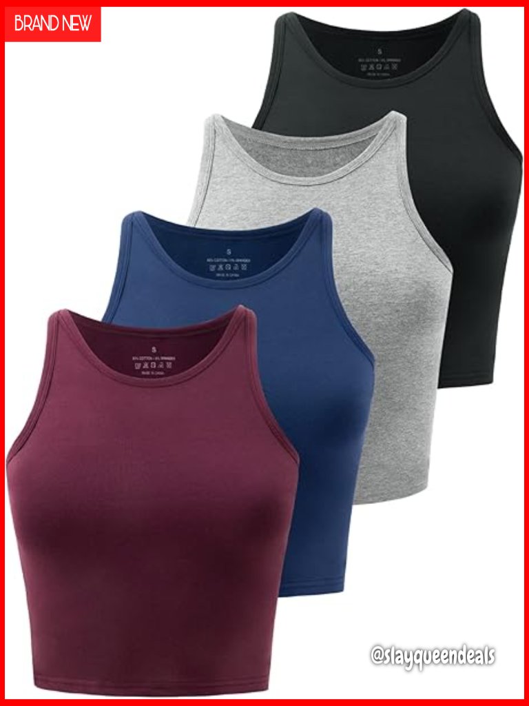 4 Pack High Neck Crop Tank Tops, Athletic Fit, Cotton Spandex, Workout Yoga